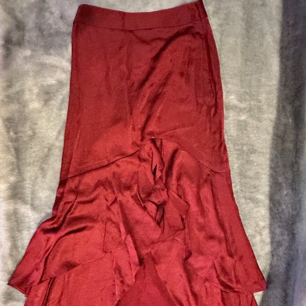 Express Red Satin High-Low Maxi Skirt with Ruffle Tiers - Size 0